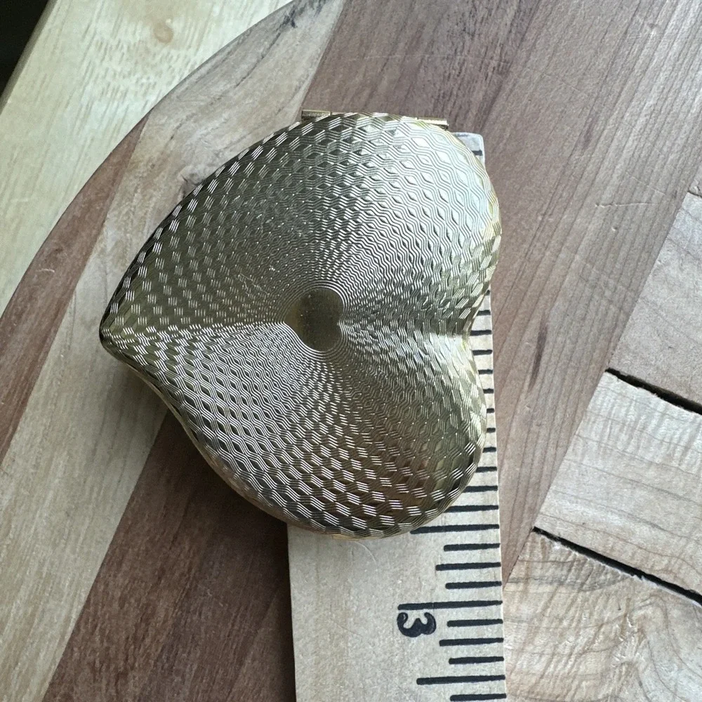 VTG Heart Compact Trinket Box 2.5 in Hinged Lid Texture Etched Design Gold Tone